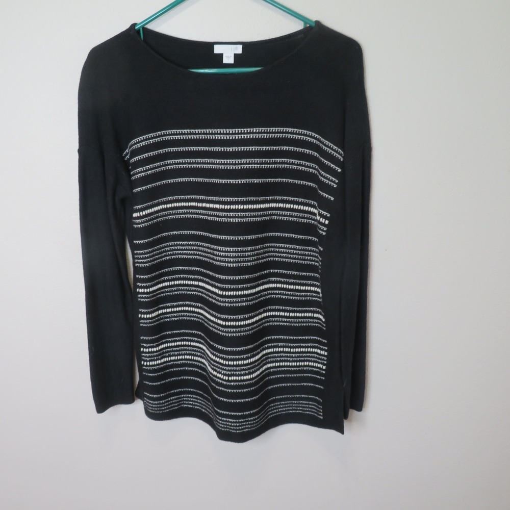 J. Jill Black White Embroidered Stripe Cotton Wool Blend Sweater Small